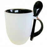 500605- WHITE/BLACK SUBLIMATION BLANK CERAMIC COFFEE MUG WITH SPOON